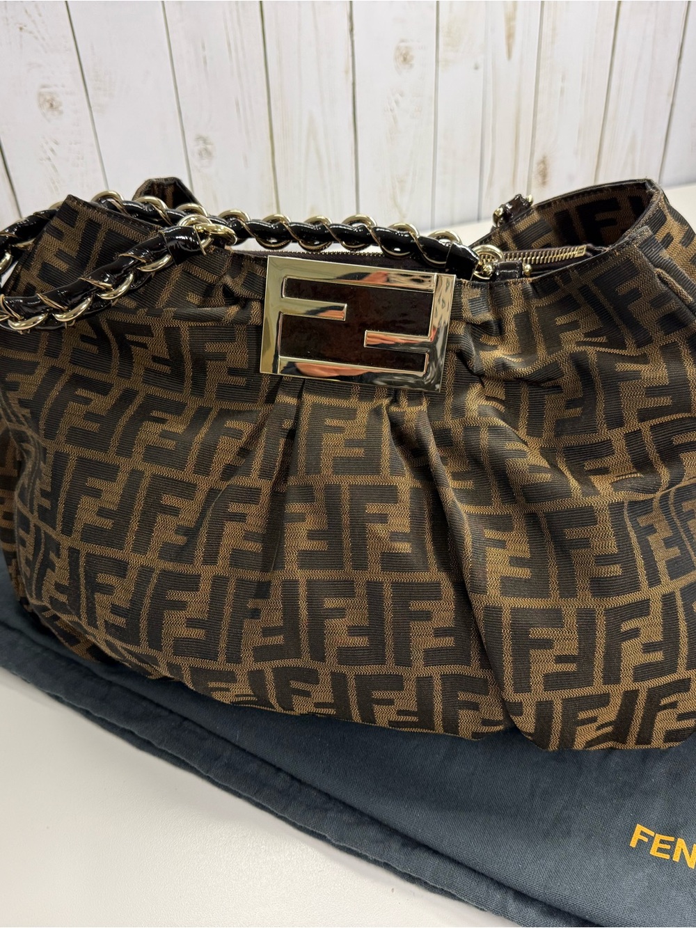 Fendi Brown and Black Zucca Shoulder Bag with Gold Hardware large size